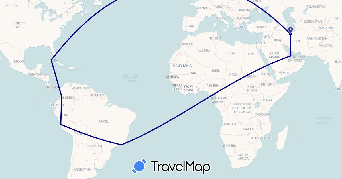 TravelMap itinerary: driving in Brazil, Colombia, Cuba, Iran, Peru, Qatar (Asia, North America, South America)